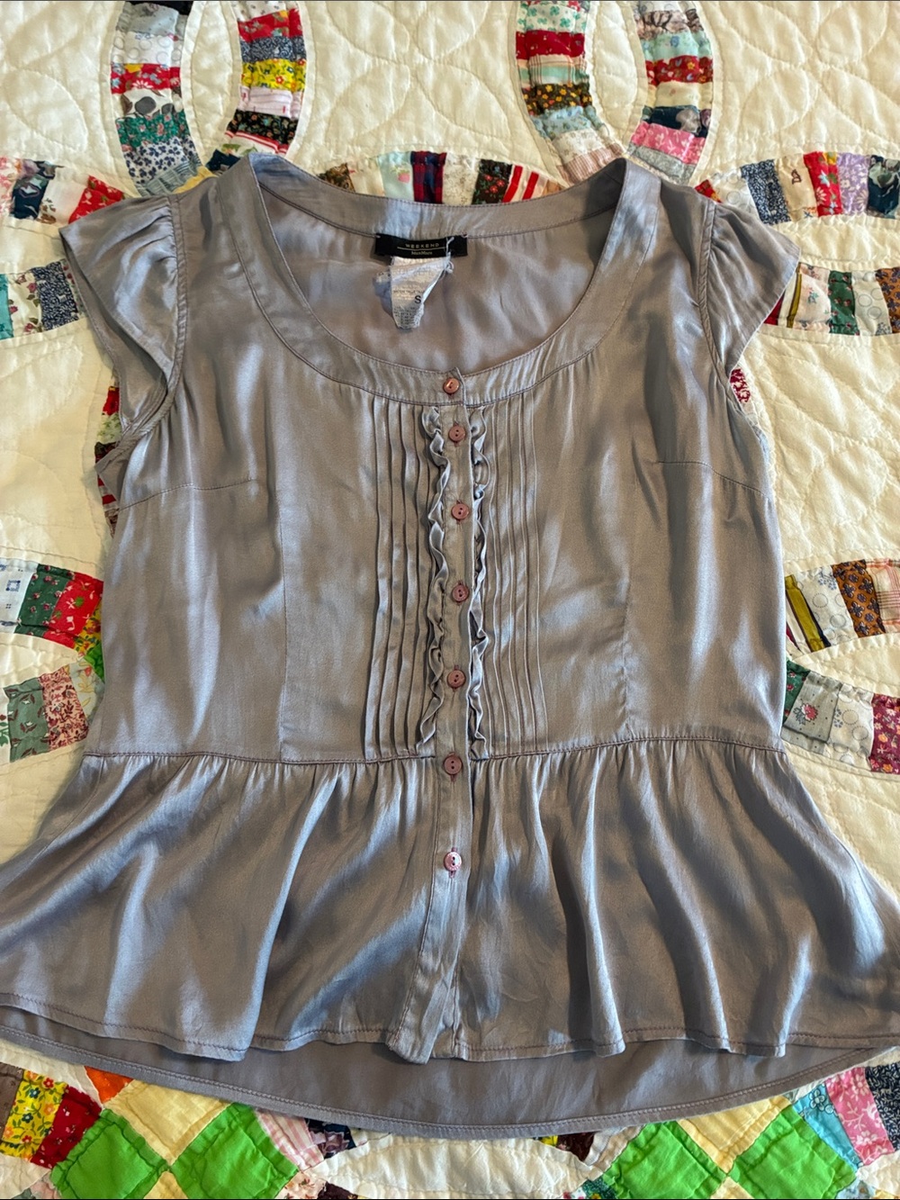 Vintage Weekend MaxMara Light Lavender Ruffle-Front Cap-Sleeve Blouse silk